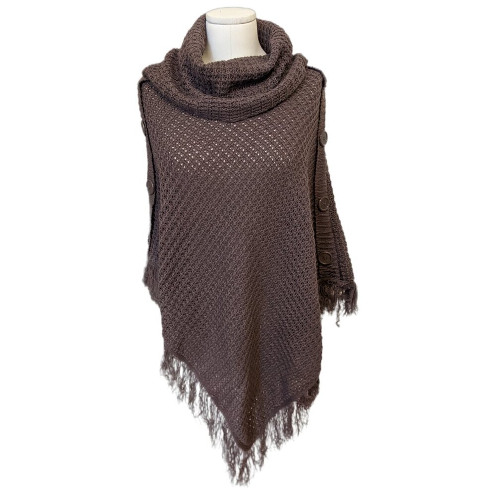 Womens Brown Cowl Neck Knit Poncho Shawl Sweater Fringe Trim Fall Cape Buttons M